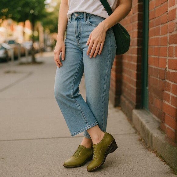 GROUNDHOG PORTUGAL Olive Green Leather Booties 37 7 Wedge Boots Heels Oxfords - Picture 16 of 16